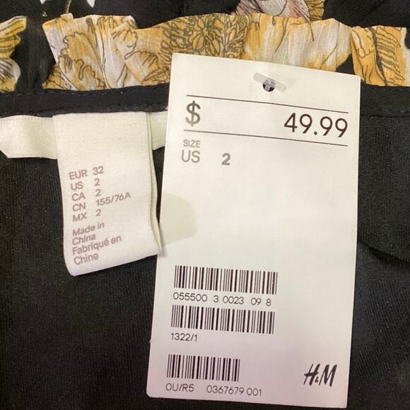 NEW H&M Black Multicolor Floral Ruffle Tassel V-neck Long Sleeve Maxi Dress Sz 2 - Picture 6 of 7